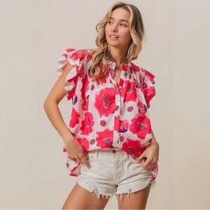 New BiBi Floral Print Flutter Button Up Top